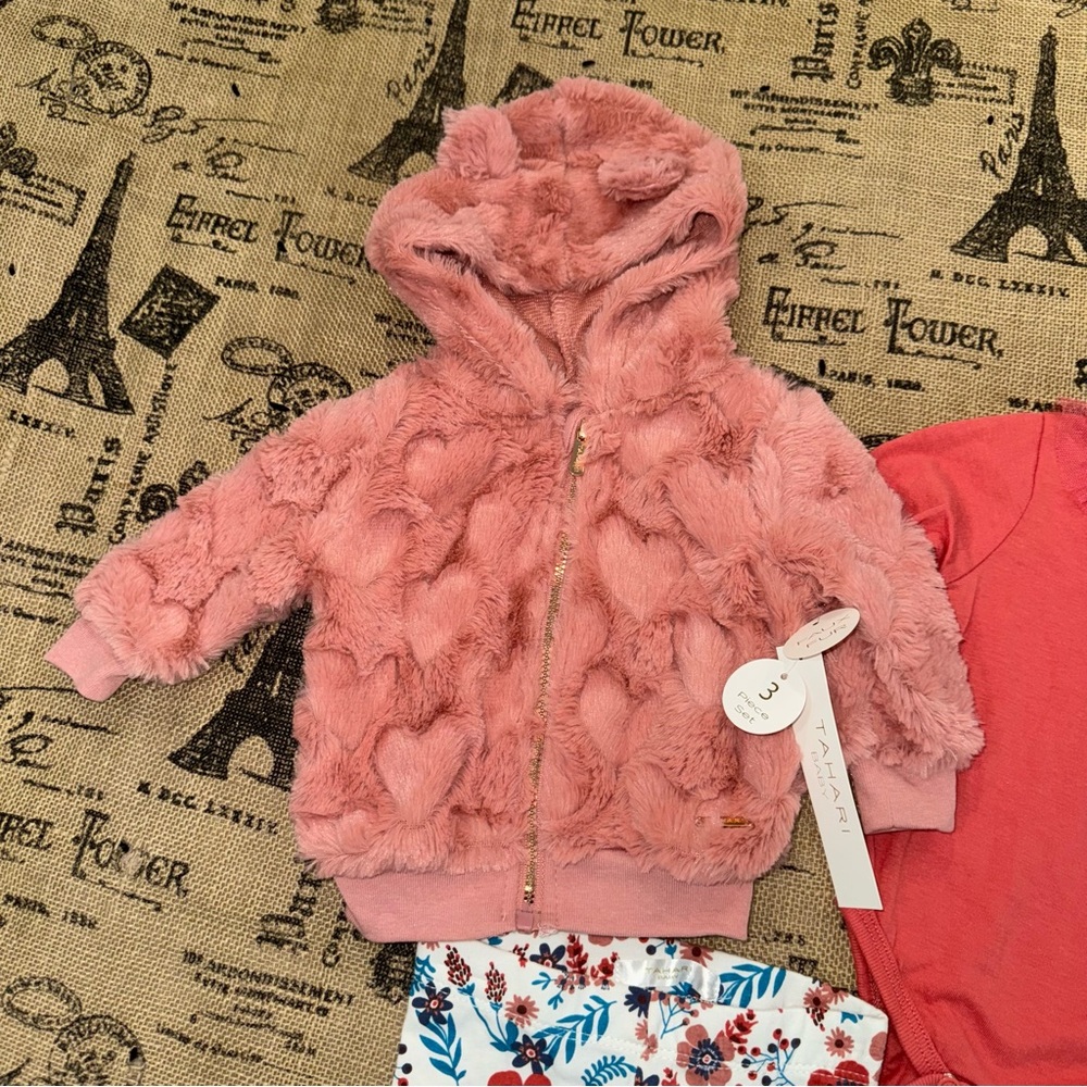 Tahari Baby NWT! Faux Fur Jacket 3 Piece Matching Set Size 0/3M - Picture 3 of 10